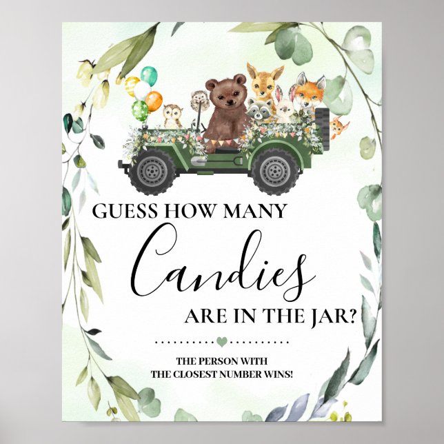 Woodland Animas How many Candies Baby Shower Game Poster (Front)