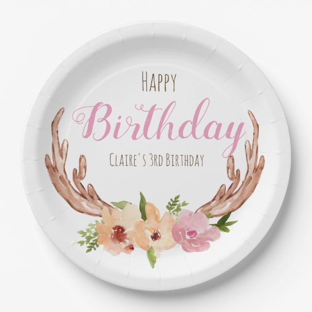 Woodland antler floral kid birthday paper plate (Front)