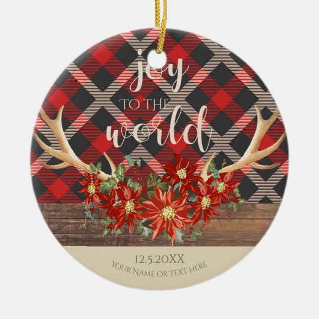 Woodland Antlers Poinsettias and Red Plaid Ceramic Tree Decoration (Front)