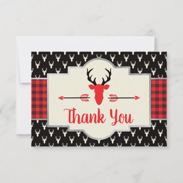 Woodland Antlers Thank You Card, Buffalo Plaid Card (Front)