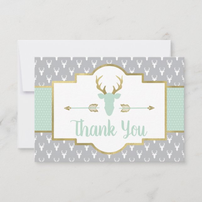 Woodland Antlers Thank You Card, Mint, Grey (Front)