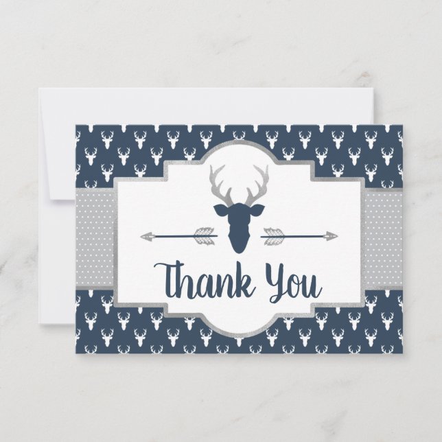 Woodland Antlers Thank You Card, Navy, Grey Card (Front)