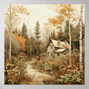 Woodland Art Cosy Cabin Woods Painting Poster