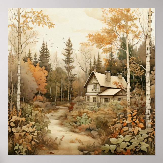 Woodland Art Cosy Cabin Woods Painting Poster (Front)