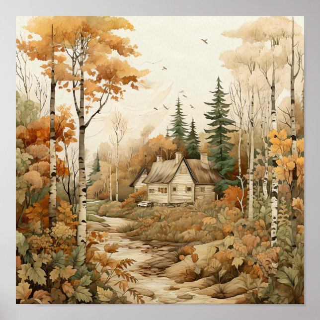 Woodland Art Cosy Cabin Woods Painting Poster (Front)