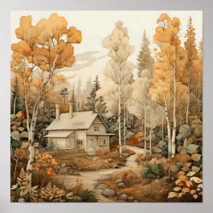 Woodland Art Cosy Cabin Woods Painting Poster