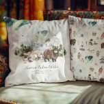 Woodland Aurora Nursery Personalised Cushion<br><div class="desc">Bring the magic of the Northern Lights to your baby's nursery with this enchanting Woodland Aurora Personalised Throw Pillow. This beautifully illustrated pillow features a serene woodland scene complete with a whimsical aurora borealis backdrop, playful huskies, and a gentle yak, creating a storybook ambiance. Perfect for adding a personalised touch,...</div>