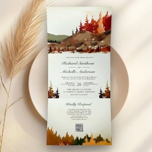 Woodland Autumn Forest Mountain QR Code Wedding Tri-Fold Invitation