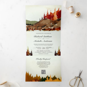 Woodland Autumn Forest Mountain QR Code Wedding Tri-Fold Invitation