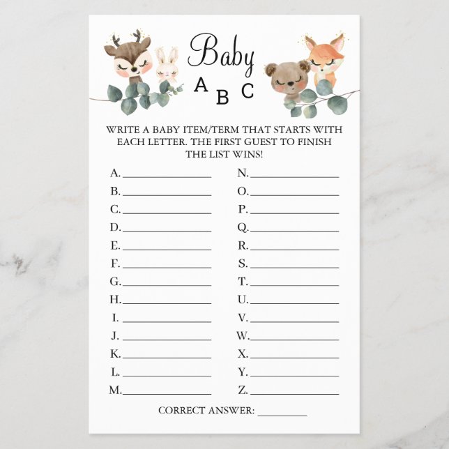 Woodland Baby ABC shower game card (Front)