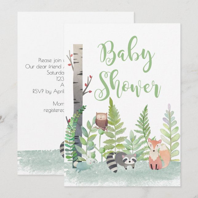 Woodland Baby Animals Greenery Baby Shower Invites (Front/Back)