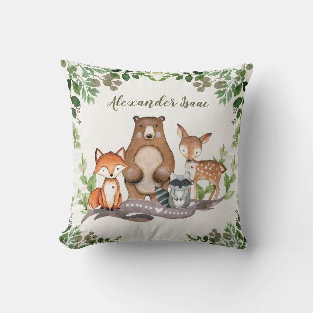 Woodland Baby Animals Greenery Nursery Decoration Cushion (Front)