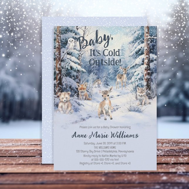 Woodland Baby Animals Winter Boy Baby Shower Invitation (Blue Rustic Woodland Animals Baby It's Cold Outside Boy Baby Shower Invitation)