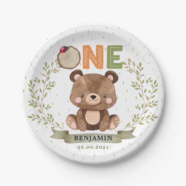 Woodland Baby Bear 1st Birthday Paper Plate (Front)