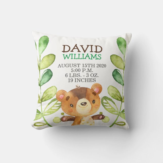 Woodland Baby Bear Birth Stats Forest Cute Nursery Cushion (Front)