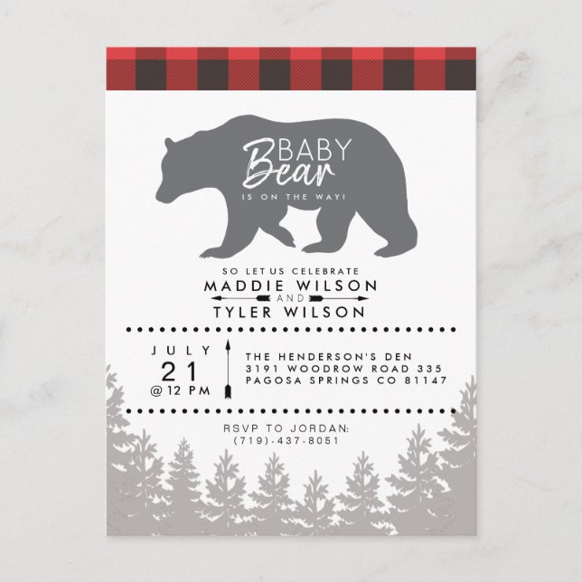 Woodland Baby Bear | Rustic Lumberjack Baby Shower Invitation Postcard (Front)