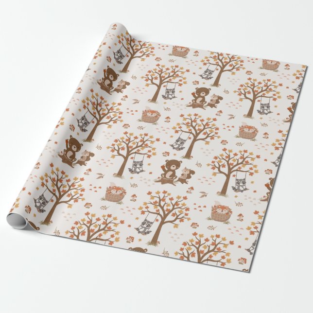 Woodland Baby Bears Squirrels Racoon Baby Shower  Wrapping Paper (Unrolled)