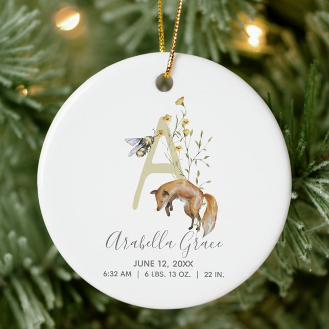 Woodland Baby Birth Stats Photo Monogram A Ceramic Tree Decoration (Easily personalize this baby birth stat ornament for a keepsake to cherish!)