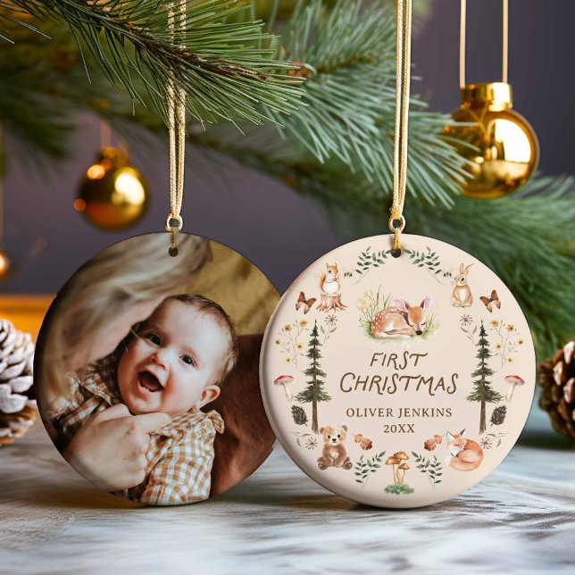 Woodland Baby Boy First Christmas Photo Ornament (Woodland First Christmas Photo Ornament)