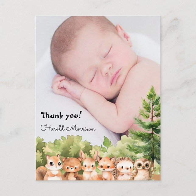 Woodland Baby Boy Photo Thank you Postcard (Front)
