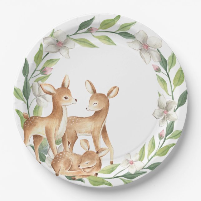 Woodland Baby Deer Baby Shower Paper Plate (Front)