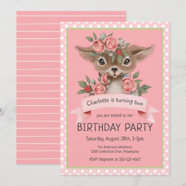 Woodland Baby Deer Pink Girl's Birthday Party Invitation (Front/Back)