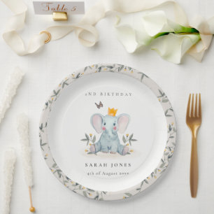 Woodland Baby Elephant Foliage Any Age Birthday Paper Plate