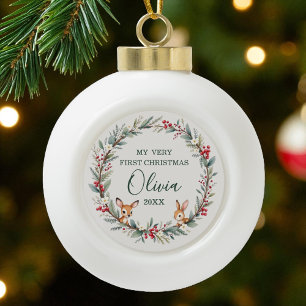 Woodland Baby First Christmas Personalised  Ceramic Ball Christmas Ornament