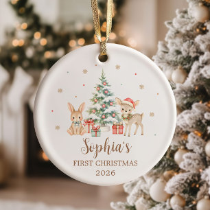 Woodland Baby First Christmas Personalised Photo Ceramic Tree Decoration