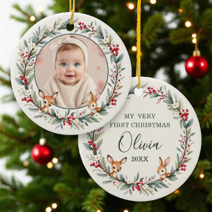 Woodland Baby First Christmas Personalized Photo Ceramic Tree Decoration