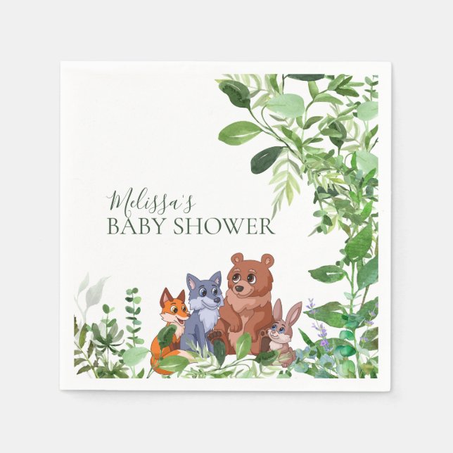Woodland baby forest friends greenery custom party napkin (Front)