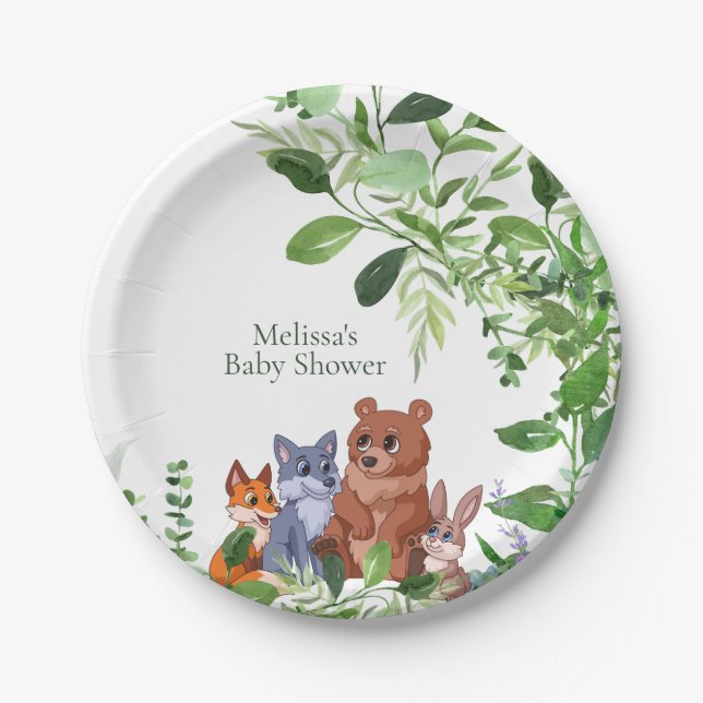 Woodland baby forest friends greenery dessert paper plate (Front)