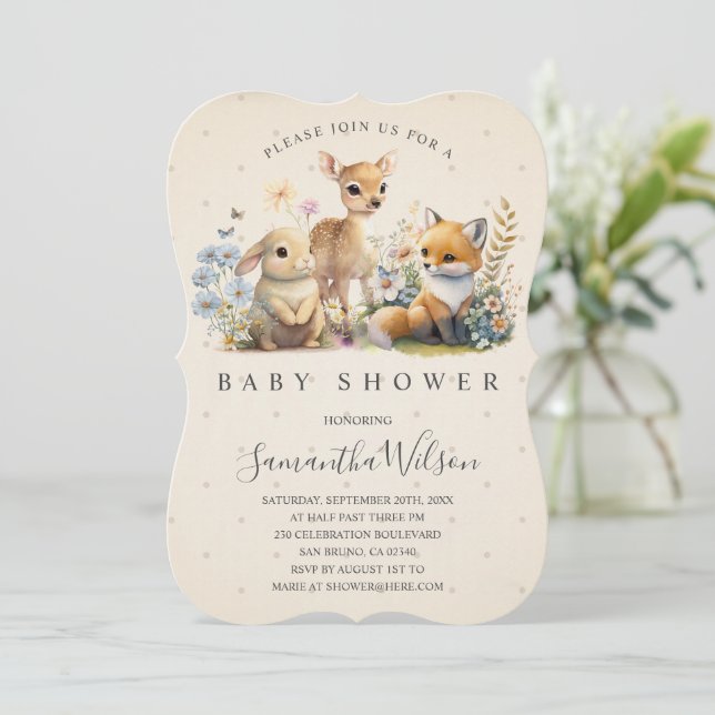 Woodland Baby Fox Deer Bunny Easter Baby Shower In Invitation (Standing Front)