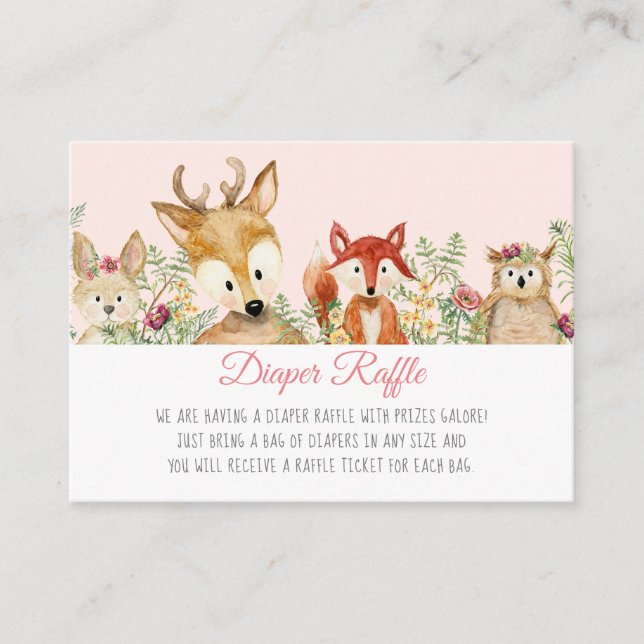 Woodland Baby Girl Deer Fox Bunny Diaper Raffle Enclosure Card (Front)