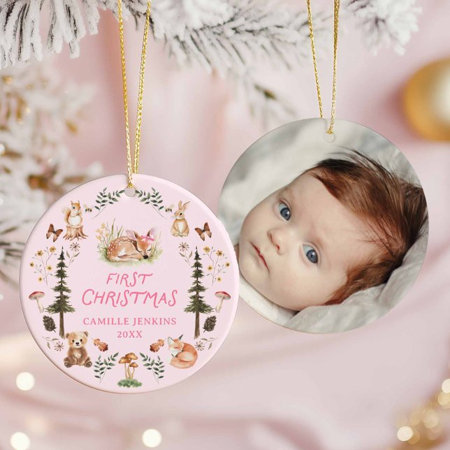 Woodland Baby Girl First Christmas Photo Ornament (Pink Baby Girl Christmas Photo Ornament)
