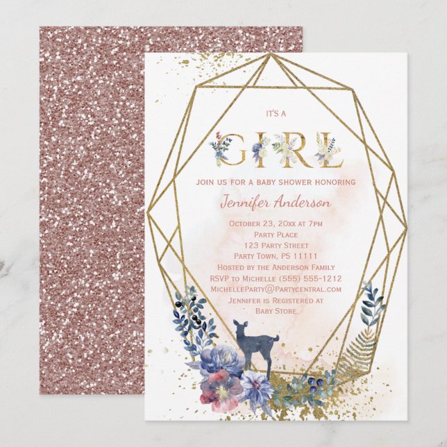 Woodland Baby Girl Shower Invitation (Front/Back)