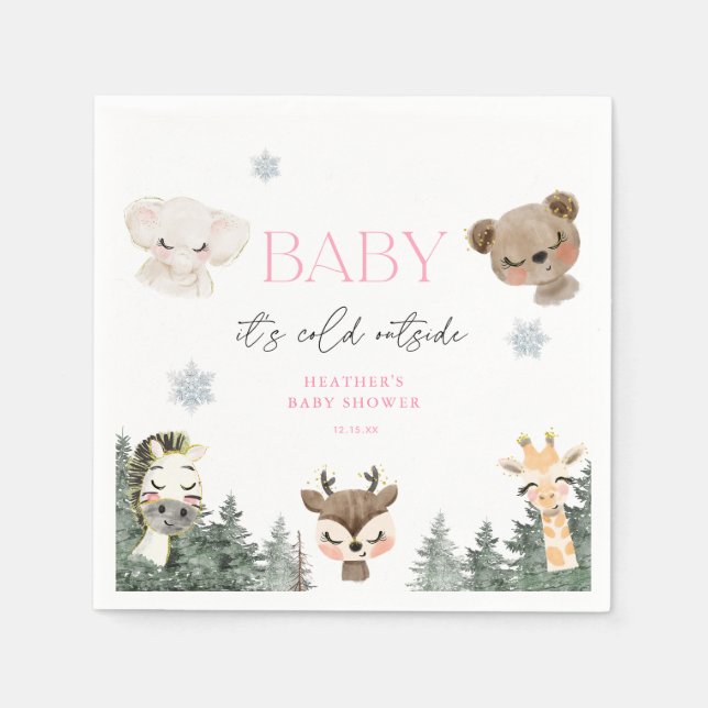 Woodland Baby It's Cold Outside Girl Baby Shower Napkin (Front)