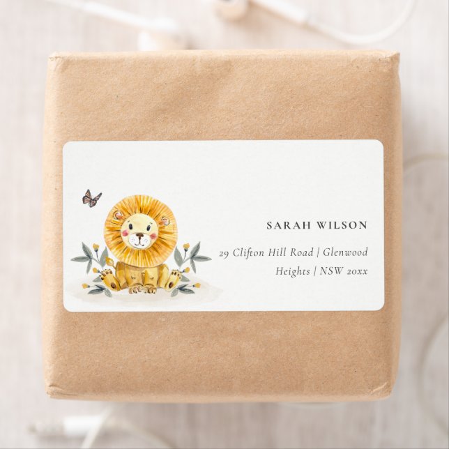 Woodland Baby Lion Foliage Watercolor Kids Address (Insitu)