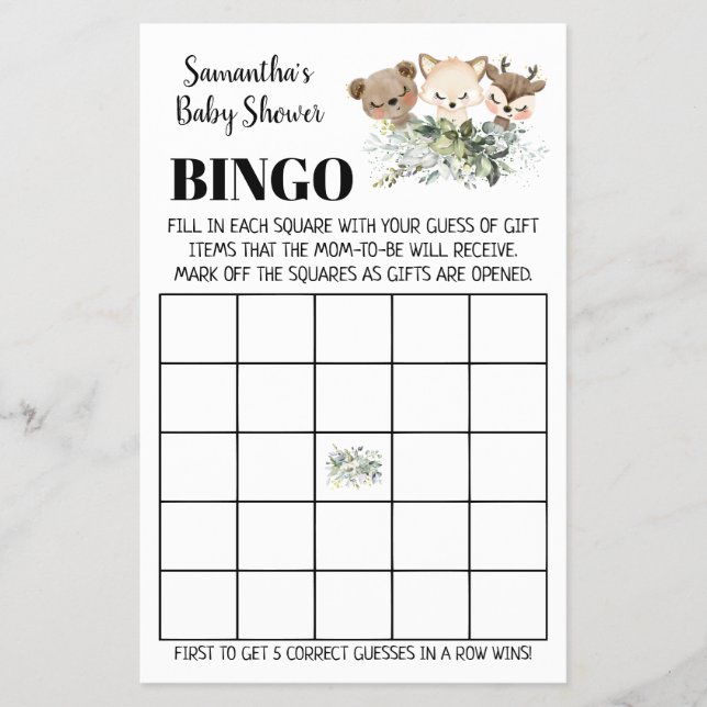 Woodland Baby Shower Bingo bilingual game card (Front)