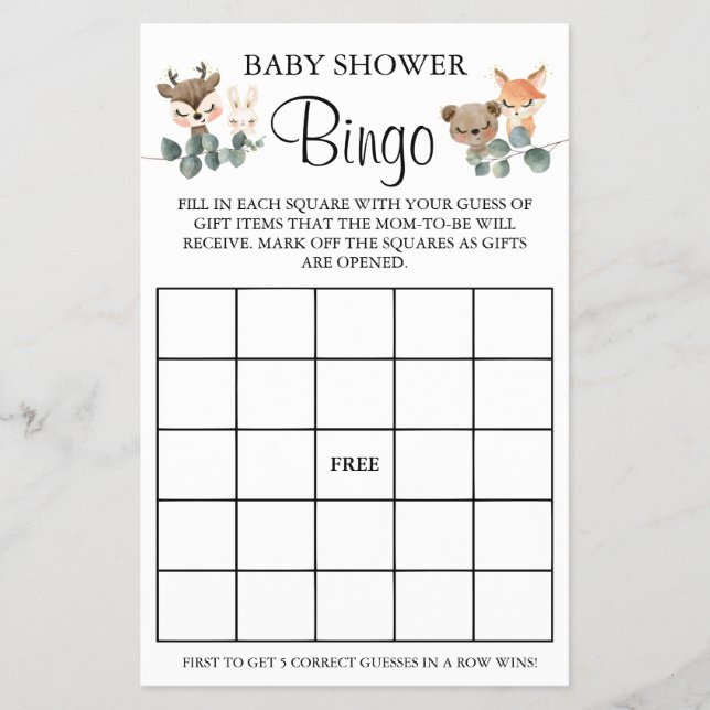 Woodland Baby Shower Bingo game card (Front)