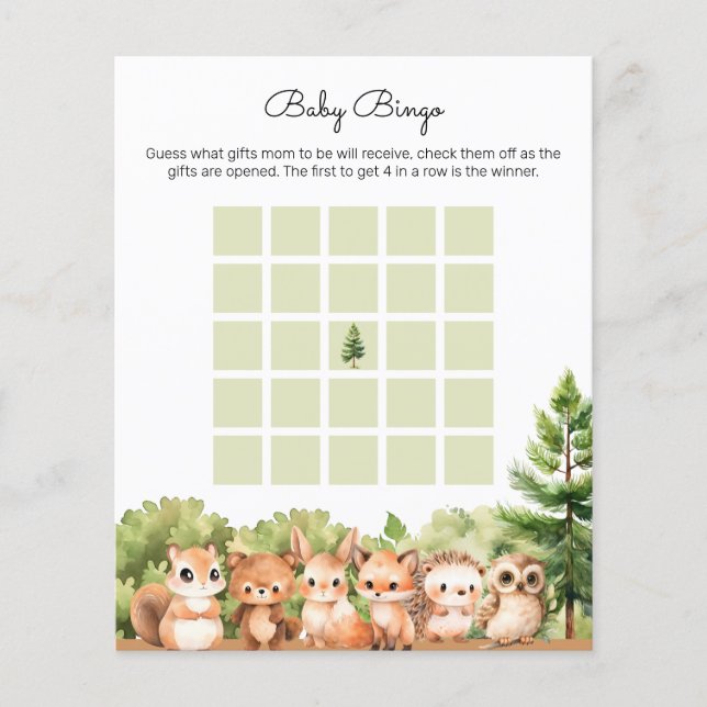 Woodland Baby Shower Bingo Party Games (Front)