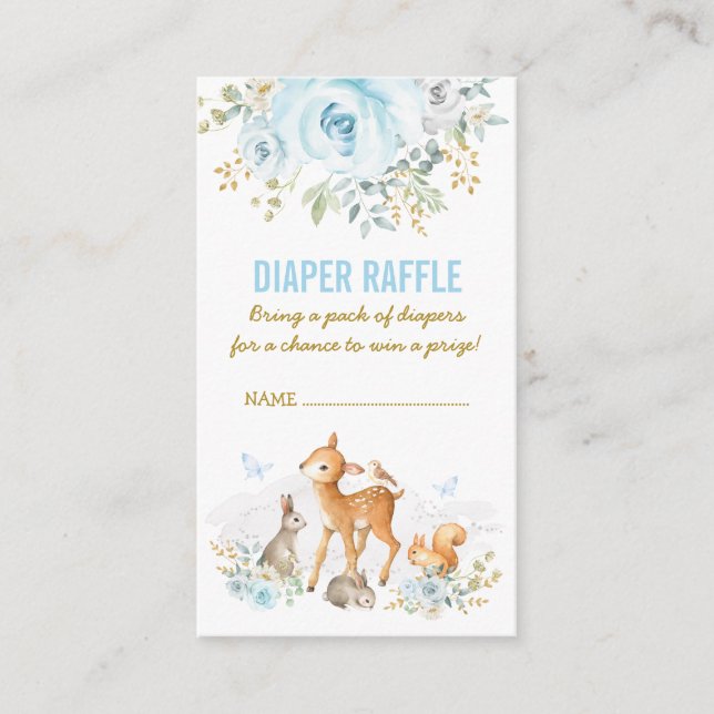 Woodland Baby Shower Blue Floral Diaper Raffle Enclosure Card (Front)