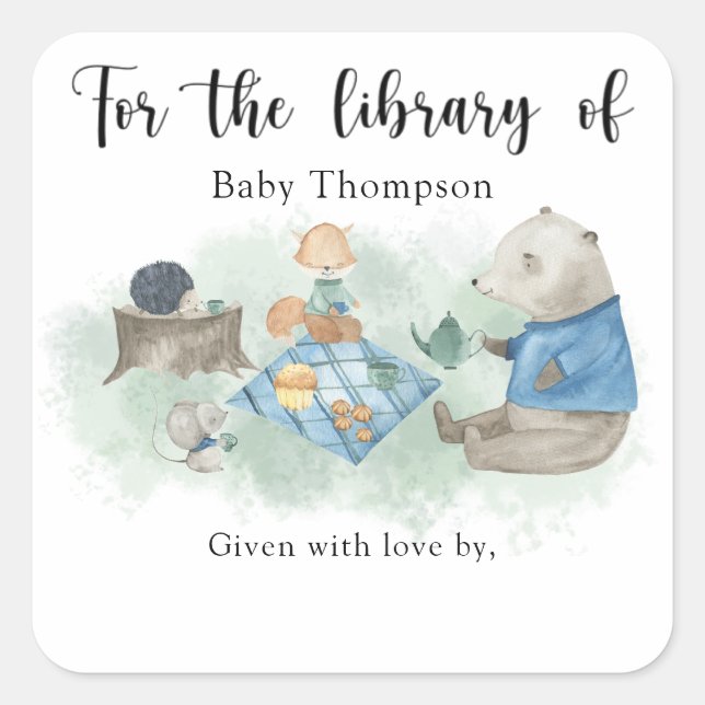 Woodland Baby Shower bookplate, books for baby  Square Sticker (Front)