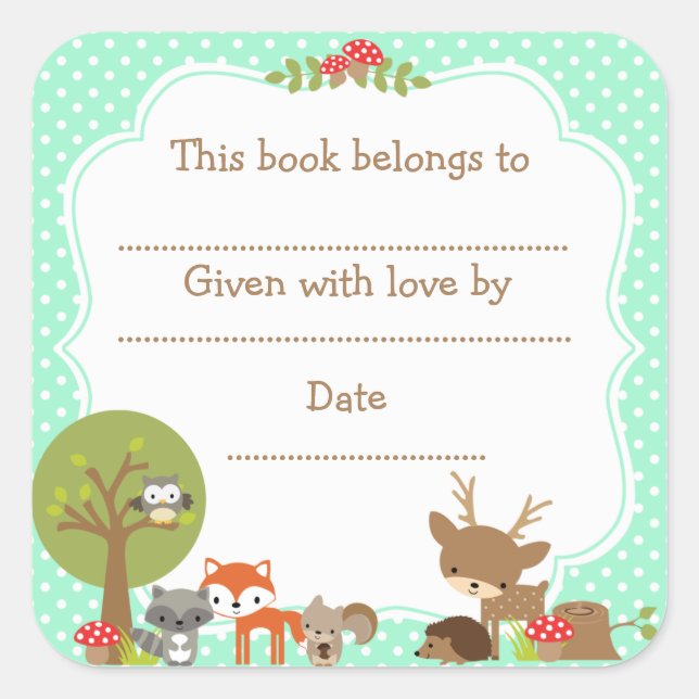 Woodland Baby Shower Bookplate sticker mint green (Front)