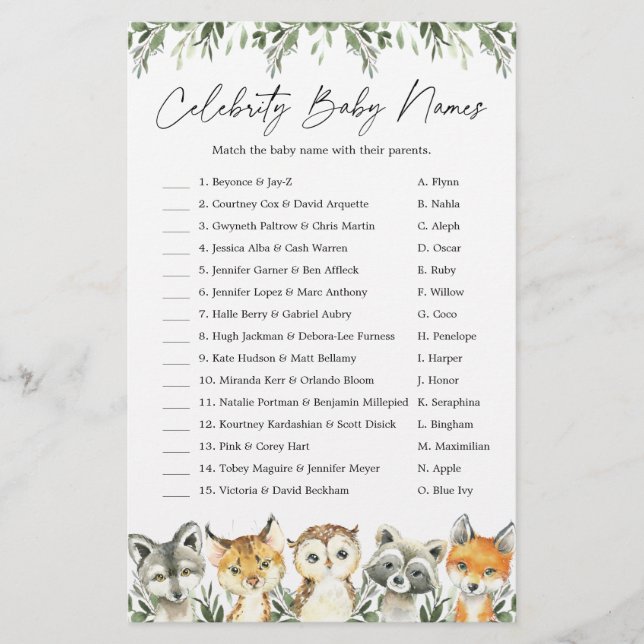 Woodland Baby Shower Celebrity Baby Names Game (Front)