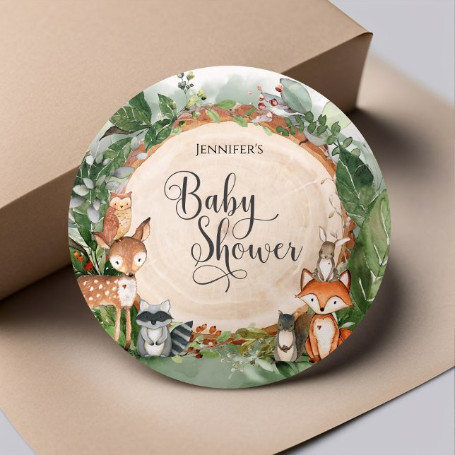 Woodland Baby Shower Classic Round Sticker (Creator Uploaded)
