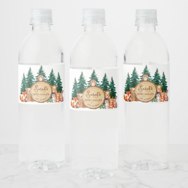Woodland Baby Shower Cute Forest Animals Pine Wood Water Bottle Label (Bottles)