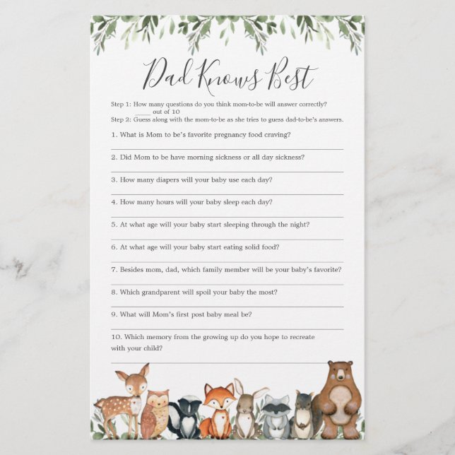 Woodland Baby Shower Dad Knows Best Game (Front)