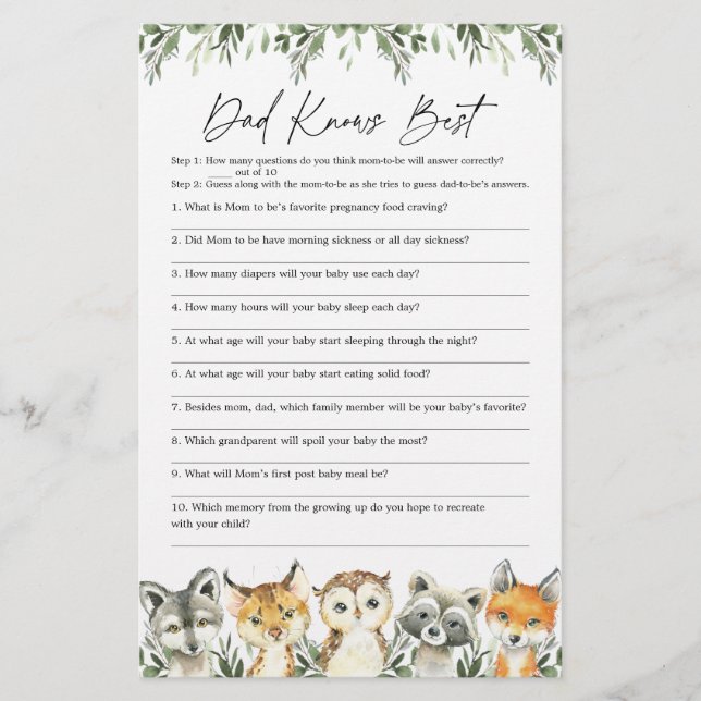 Woodland Baby Shower Dad Knows Best Game (Front)