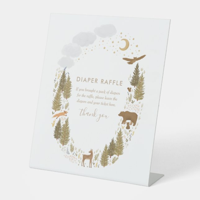 Woodland Baby Shower Diaper Raffle Pedestal Sign (Front)
